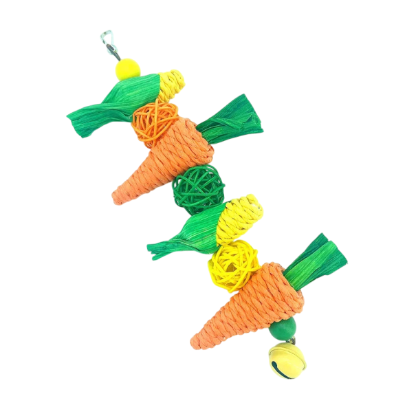 Hängende Kaumöwe für Vögel Karotte 24,5x10 cm handgewebtes Gras orange-grün-gelb für Papageienkäfig