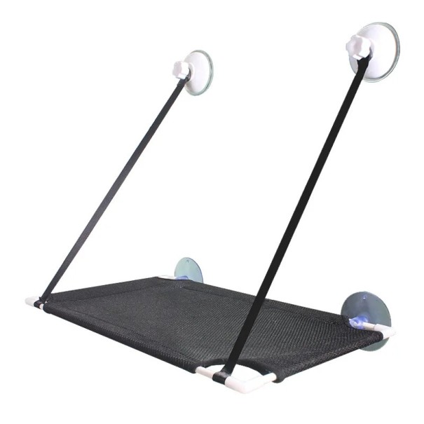 Hängendes Bettregal mit Saugnäpfen aus Glas und Nylonbändern für Haustiere. Maße 50 x 30 cm, Bandlänge 45 + 25 cm schwarz