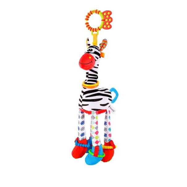 Hängendes Plüschspielzeug für Babys 47 cm Giraffe und Zebra mit Quietsche, Glöckchen und Beißring für Kinderwagen oder Kinderbett schwarz