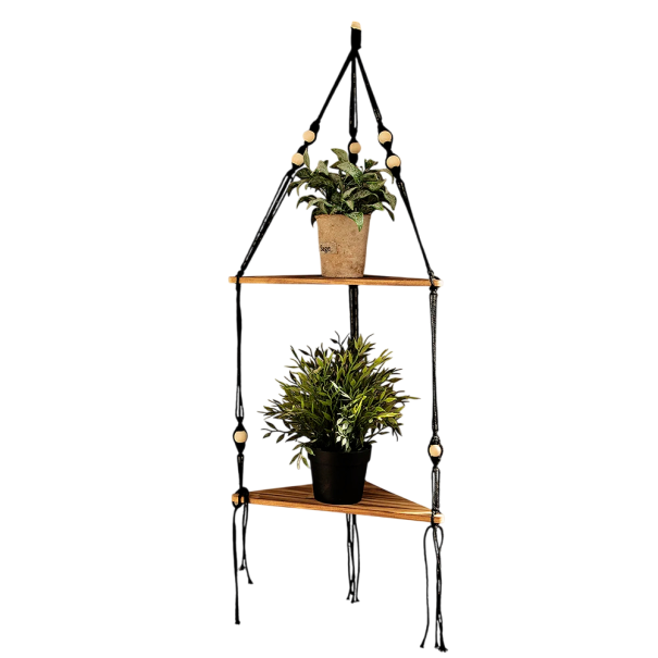 Hanging Corner Shelf 32.5 cm Two-Tier Wooden Shelf with Black Rope for Wall Storage Shelf 1