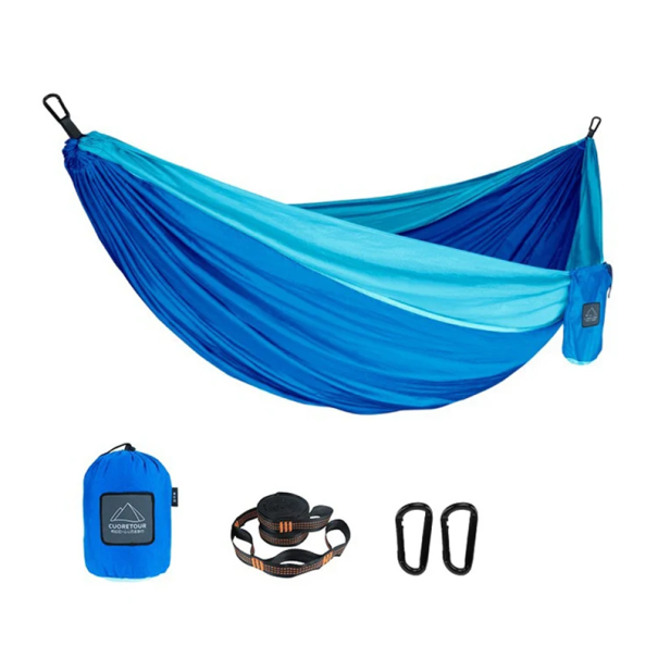 Hangmat Draagbare Nylon Hangmat 300x200 cm Dubbel Buiten Camping Tuin Wandelnet met Riemen en Karabijnhaken om op te Hangen blauw