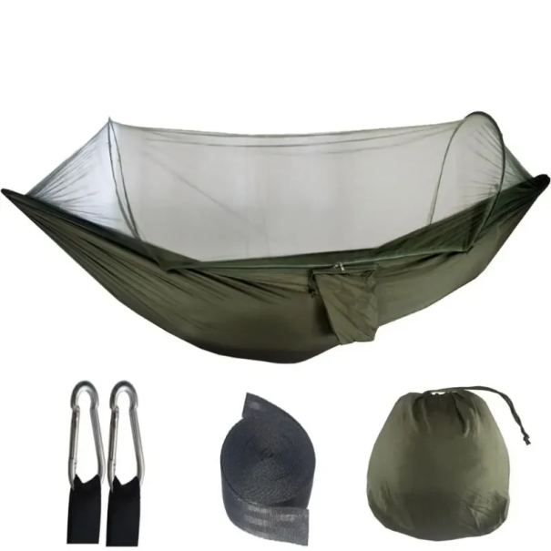 Hangmat voor buiten kamperen met klamboe 250x120 cm Draagbaar net voor 1-2 personen Lichtgewicht opvouwbaar klamboe voor wandelen en reizen legergroen