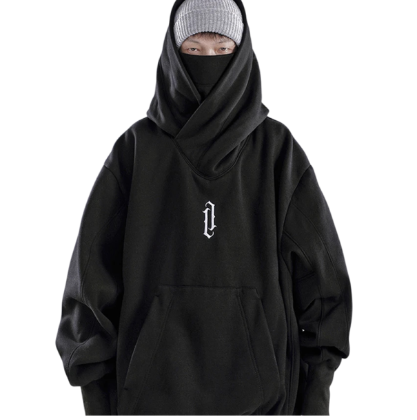 Hanorac bărbați cu glugă și guler înalt Hanorac uni cu simbol și buzunare din bumbac, poliester și spandex Streetwear modern confortabil negru M