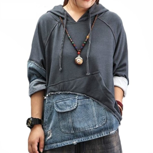 Hanorac de dama cu insertie din denim gri