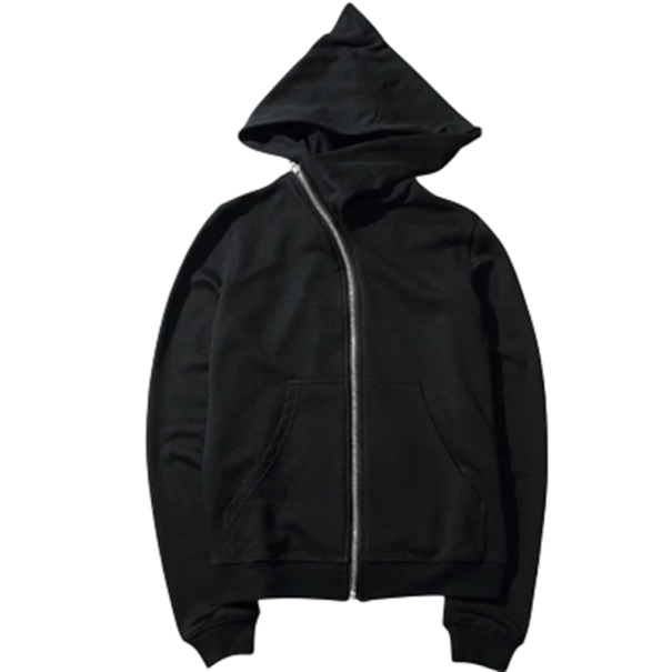 Hanorac negru pentru bărbați cu fermoar și glugă Hanorac asimetric stilat cu fermoar înclinat din poliester, bumbac, viscoză și spandex Streetwear modern M