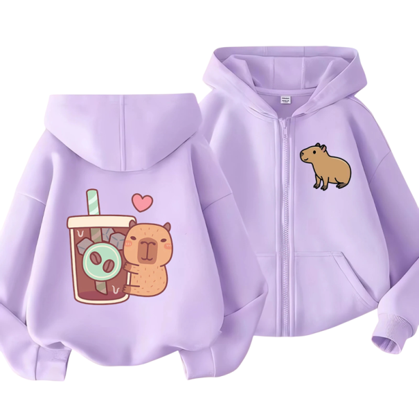 Hanorac pentru copii cu glugă și fermoar Motiv Kawaii kapybara Poliester Hanorac simplu cu buzunare Stil manga pentru băieți și fete Diverse culori violet 6
