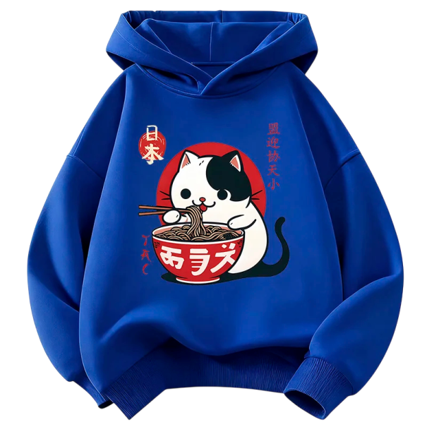 Hanorac pentru copii în stil japonez cu glugă și imprimeu cu pisică, cu umeri căzuți, cu mânecă lungă și tiv elastic pentru băieți și fete albastru inchis 4