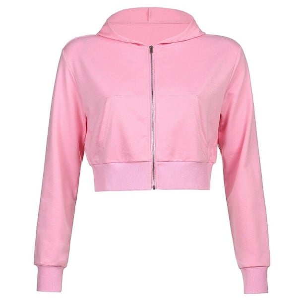 Hanorac scurt pentru femei cu glugă și fermoar pe toată lungimea Tiv ribbat și manșete Mâneci lungi Bumbac și poliester Pentru timpul roz L