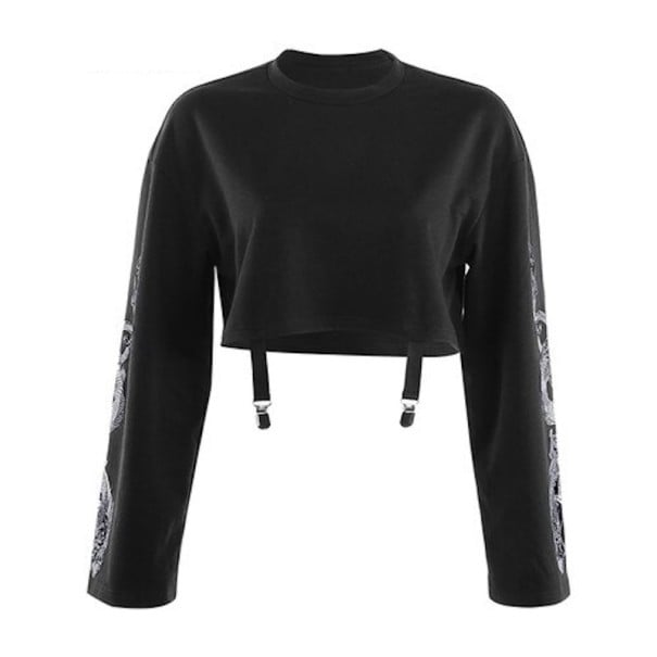 Hanorac scurt pentru femei cu motiv de dragon pe mâneci Croi liber negru Decolteu rotund Benzi cu clipsuri metalice la margine Bumbac cu spandex M