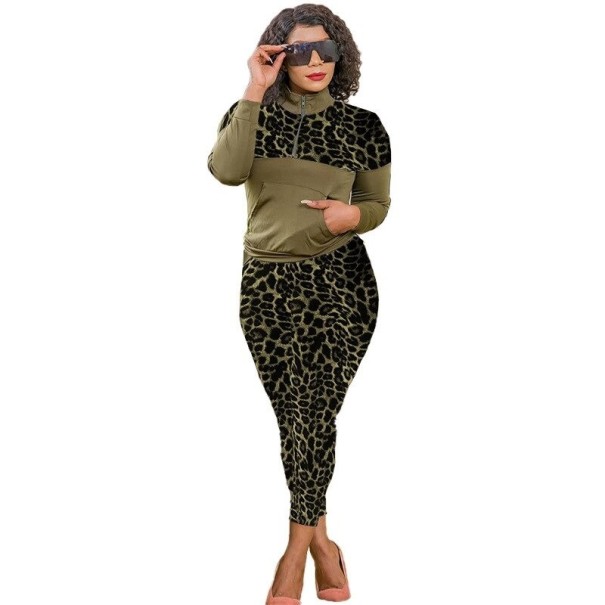 Hanorac și pantaloni de trening leopard pentru femei B1030 verde armată S