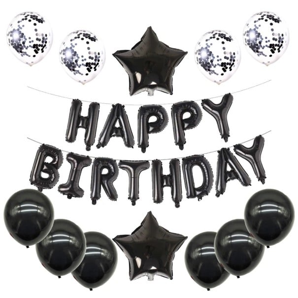 HAPPY BIRTHDAY - Ilmapallopaketti 13 kpl mustia ilmapalloja ja läpinäkyviä ilmapalloja, joissa on konfettia, koristeellisia foliopalloja 1