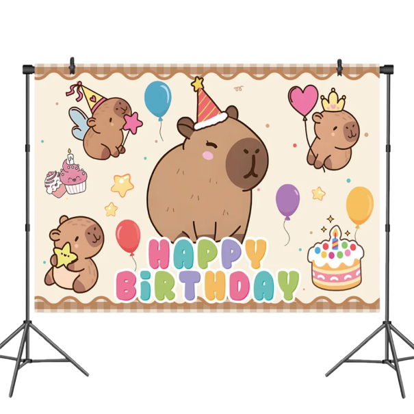 Happy Birthday - syntymäpäiväjuliste 125 × 70 cm Kapybara Suuri juhlakoriste piirretyillä kapybaroilla Banneri lasten juhliin 1
