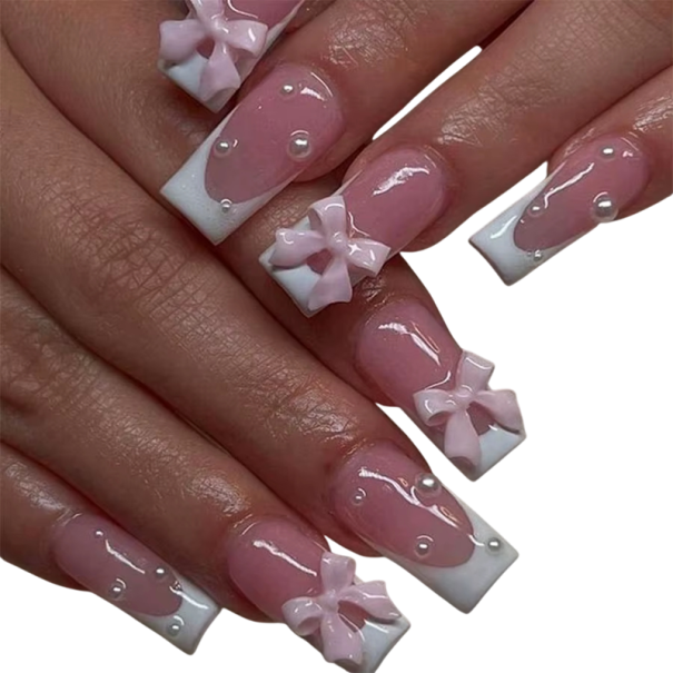 Harmonia Perolada Doce Unhas Acrílicas Francesas 24 pcs Forma Quadrada Laços 3D e Pérolas 12 Tamanhos DIY Manicure 1