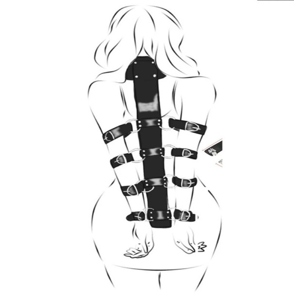 Harnais en cuir pour le dos avec collier verrouillable et 4 paires de menottes, système ajustable pour un attachement total, emballage discret noir