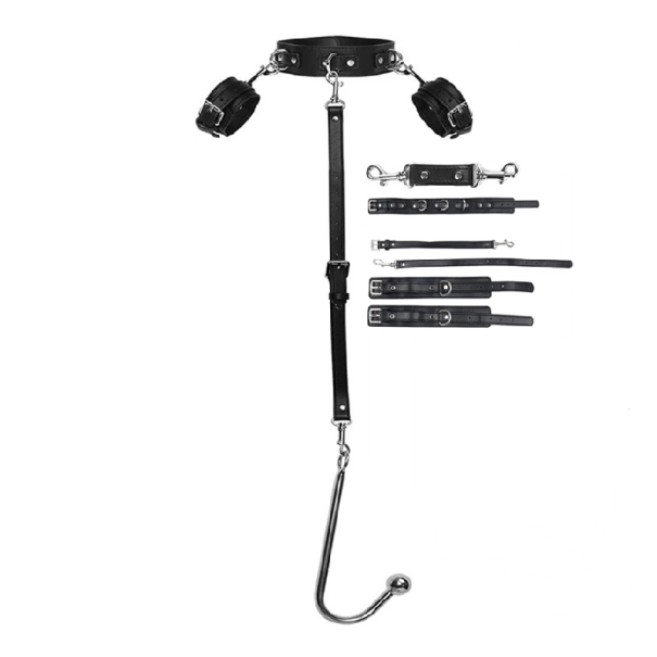 Harnais en cuir pour le dos avec menottes et crochet anal métallique amovible avec boule, attache corporelle de la nuque aux fesses, emballage discret 1
