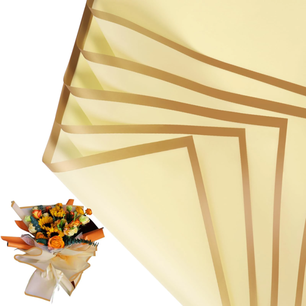 Hârtie de împachetat flori impermeabilă 58 x 58 cm 10 coli cu margine aurie, hârtie elegantă pentru flori, împachetat flori decorative galben