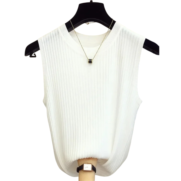 Haut tricoté sans manches pour femme Tricot côtelé élégant Matière douce et légère Encolure ronde Coupe plus ample Tenue d'été élégante blanc