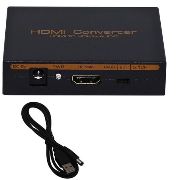 HDMI-omvandlare med ljudseparation till optisk SPDIF och stereo RCA Genomgångande HDMI-utgång Växlare 2CH och 5.1CH Upplösning 1080p Strömförsörjning 1