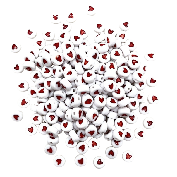 Heart Printed Beads 100 pcs red