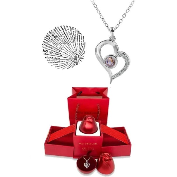 Heart Projection Halsband Set Titanium Chain Kopparhänge Projection I Love You in 100 Languages Rose Formed Box silver