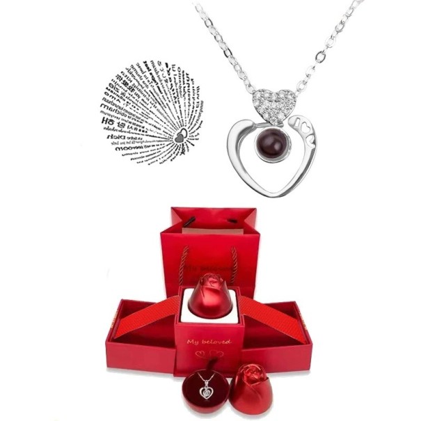 Heart Projection Necklace Set Titanium Chain I Love You in 100 Languages Gift Box in the Shape of a Rose silver