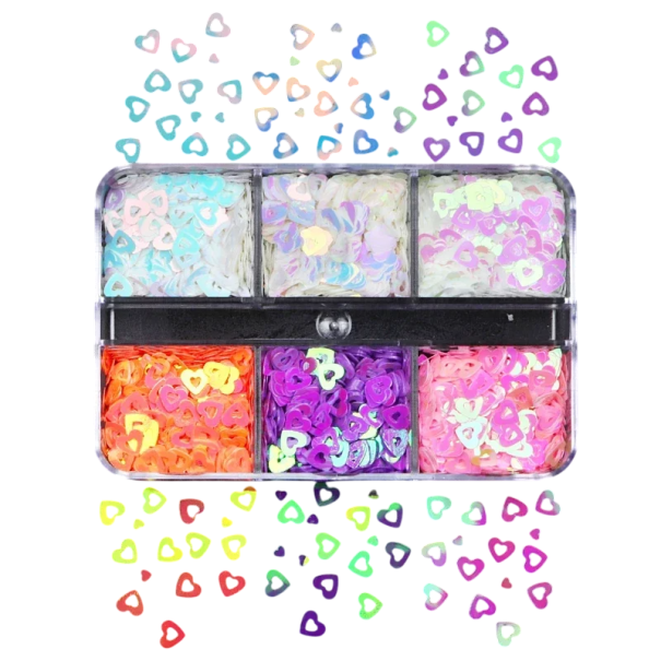 Heart Shaped Sequins 3-4 g Various Colours Box with 6 Compartments Nail Art Scrapbooking DIY Crafting 1