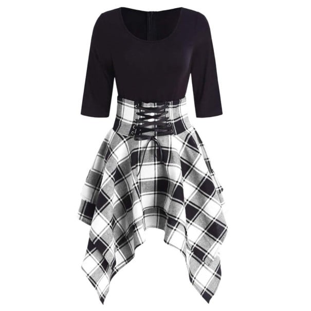 Herbstkleid mit kariertem Rock weiß S