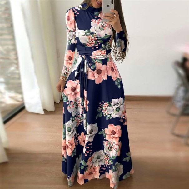 Herbstliches Maxikleid mit Blumenmuster dunkelblau M