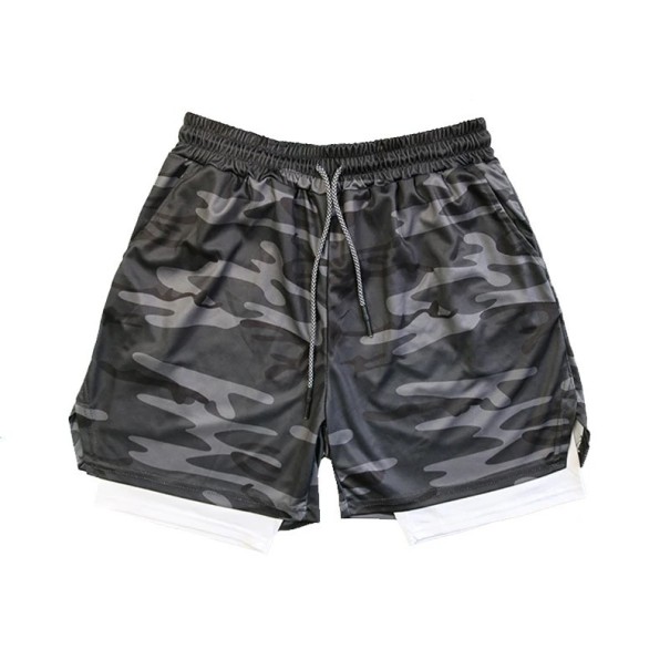 Heren camouflage dubbellaags fitnessshorts, snel drogende shorts met mesh voering, elastische tailleband en zomersportshorts. grijs M
