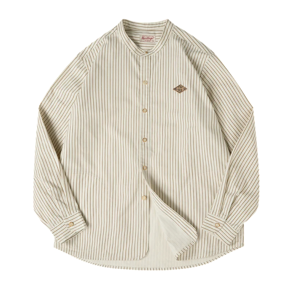 Heren crèmekleurige gestreepte blouse met lange mouwen en staander, losse pasvorm, knopen over de hele lengte en afgeronde onderzoom XS