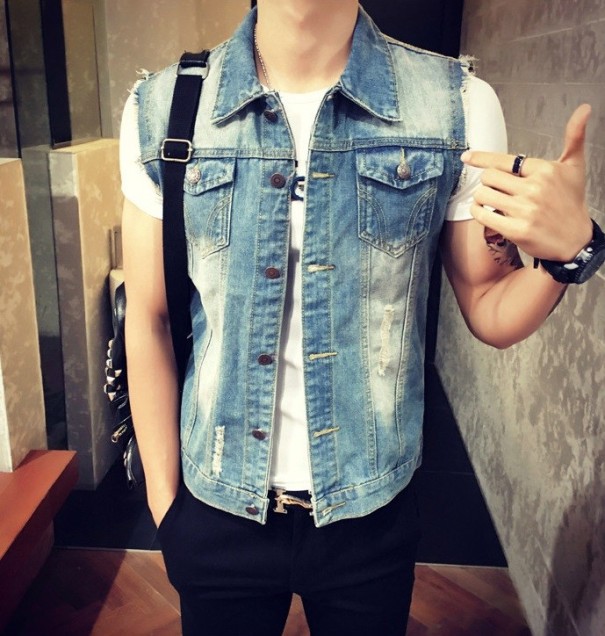 Heren denim vest met kraag J1416 lichtblauw M