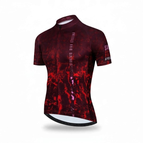 Heren fietsshirt met korte mouwen Rits over de hele lengte Rekbaar materiaal 90 % polyester en 10 % Lycra Wijnrood met een rood patroon XXS