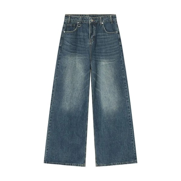 Heren gewassen rechte denim broek Losse wijde pijpen Modieuze vintage stijl Comfortabele jeans voor dagelijks gebruik blauw M