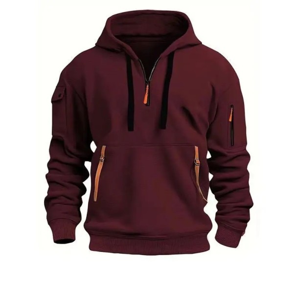 Heren hoodie met halve rits en capuchon Effen sport hoodie met zakken en zakjes op de armen van duurzaam polyester Comfortabele pasvorm wijnrood XL