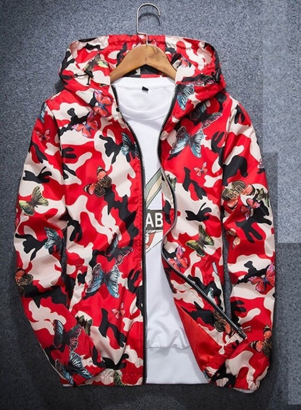 Heren lente/herfstjas met vlinders rood XS