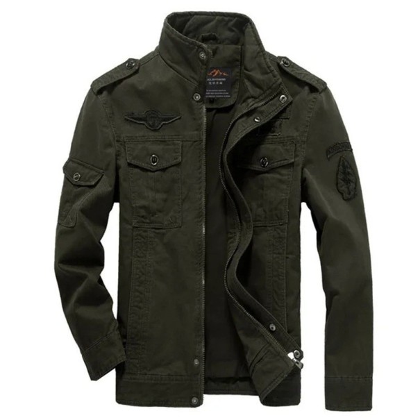 Heren lentejas met patches Stijlvolle lichtgewicht ritsjas met zakken Katoenen casual jas met kraag Militaire jas voor vrije tijd legergroen XL