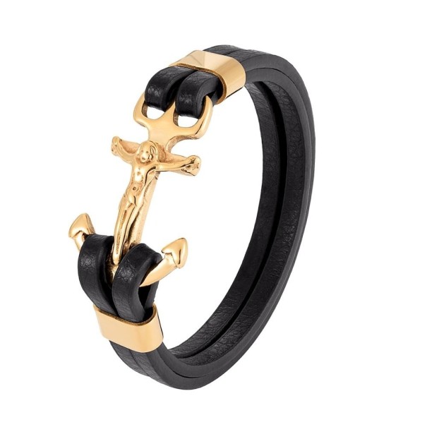 Heren leren ankerarmband goud 21 cm