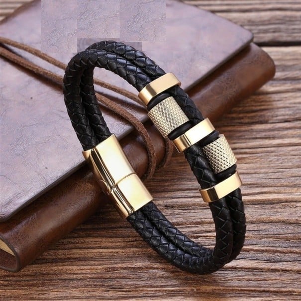 Heren leren armband H269 goud 19 cm