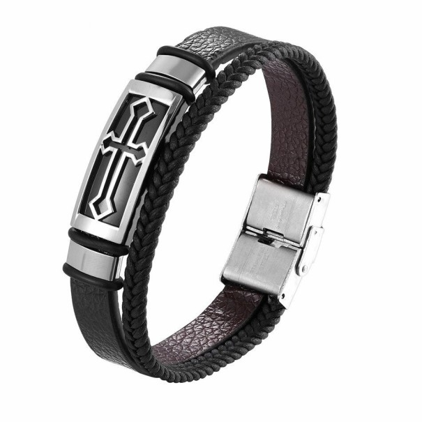 Heren leren armband met kruis zilver 17 cm
