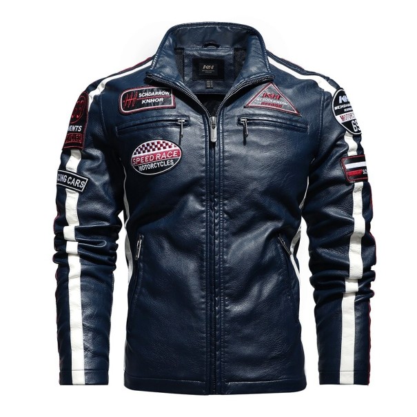 Heren leren bikerjack donkerblauw M 1