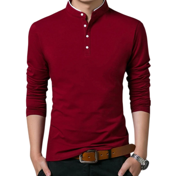 Heren polo met lange mouwen, kraag en knopen Effen elegante polo van polyester voor dagelijks gebruik wijnrood XL