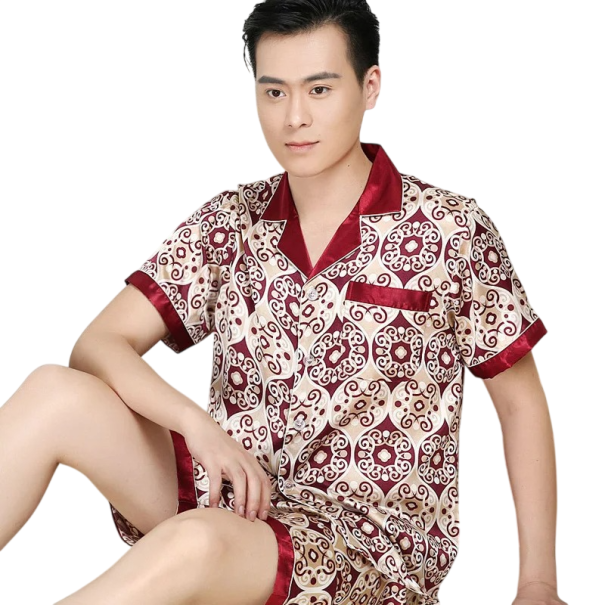 Heren pyjama korte mouwen en shorts met kraag Knopen sluiting Zakje Polyester Rood met gouden ornamenten S