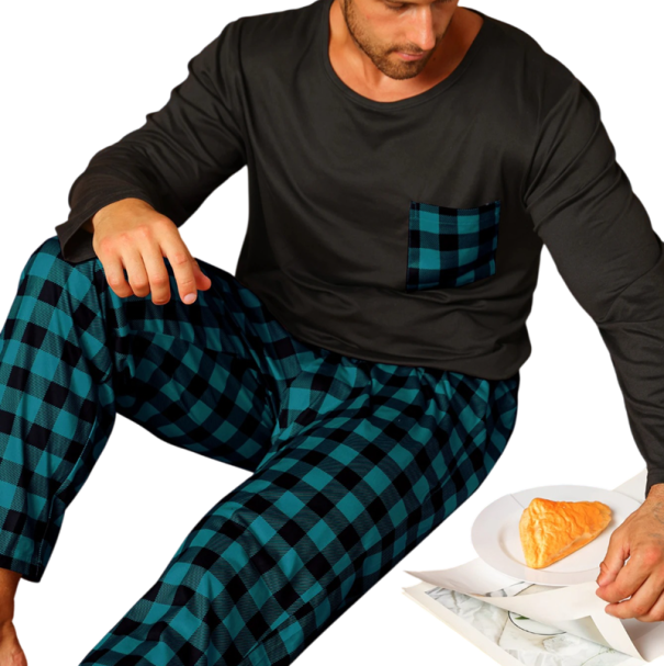 Heren pyjama lange mouwen en geruite broek O-hals Polyester Comfortabele pyjama met zakje voor thuisgebruik groen XXL