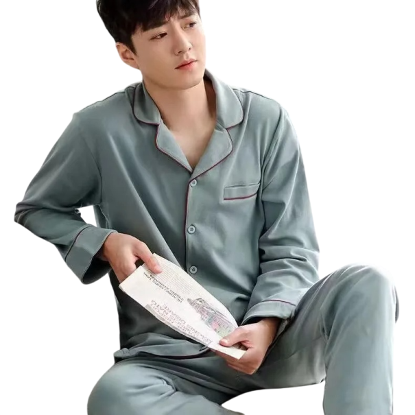 Heren pyjama t-shirt met lange mouwen en broek Turquoise Knopen sluiting Kraag Twee-delige set van katoen L