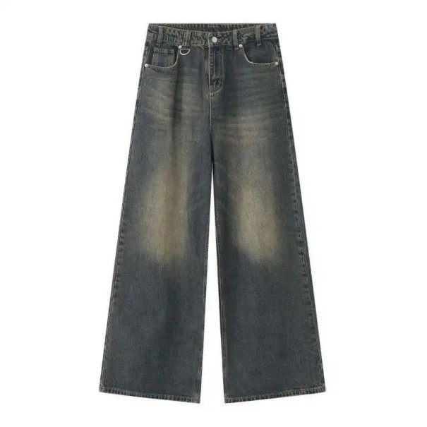 Heren rechte jeans met metalen ring Gewassen look Wijde pijp Lange broek Casual streetwear Stijlvolle jeans donkerblauw L