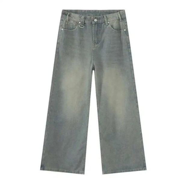 Heren rechte jeans met metalen ring Gewassen look Wijde pijp Lange broek Casual streetwear Stijlvolle jeans grijs XXS