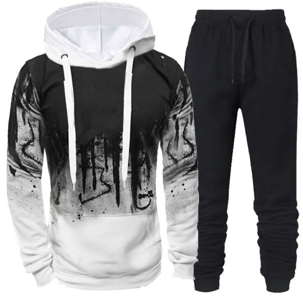 Heren set joggingsbroek, hoodie met capuchon, eenvoudige print, polyester wit M