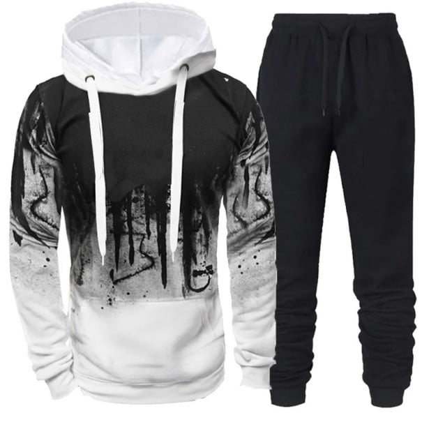 Heren set joggingsbroek, hoodie met capuchon, eenvoudige print, polyester wit XXS