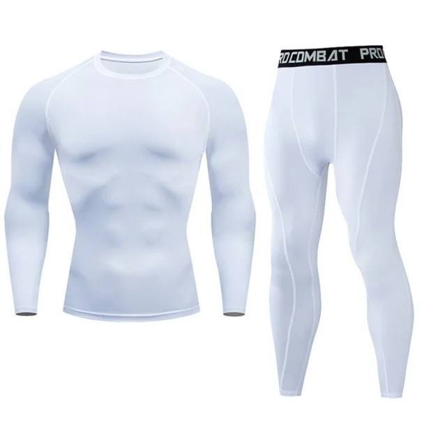 Heren set legging en T-shirt met lange mouwen, ronde hals, polyester wit L
