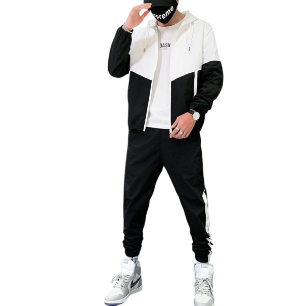 Heren set met sweatpants met koord, jack met rits en capuchon en zakken, polyester zwart S